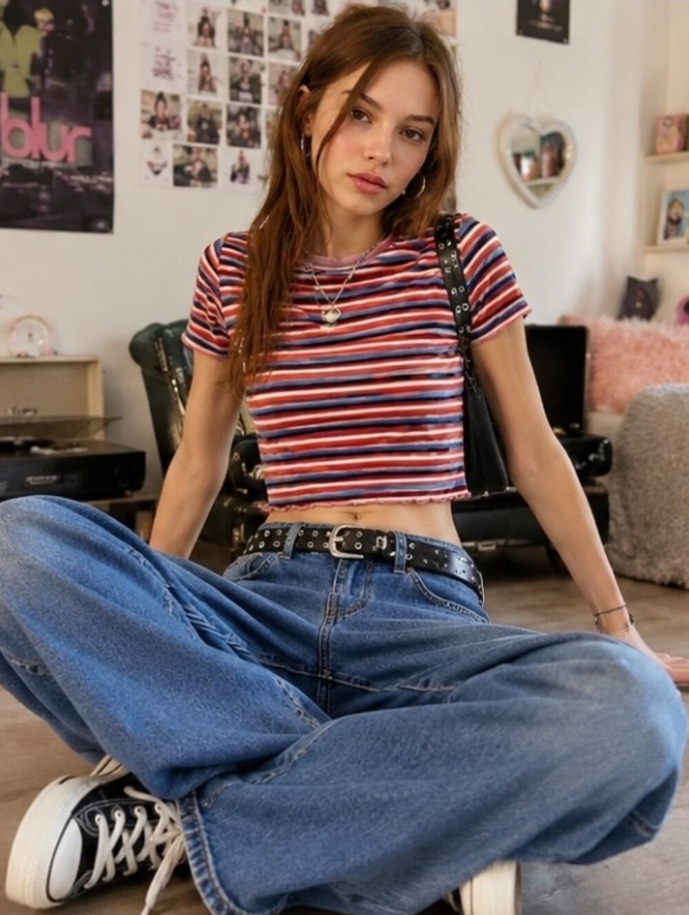NWT ASOS Velvet Striped Baby Tee Crop Top Lettuce Hem Y2K Retro Size 2